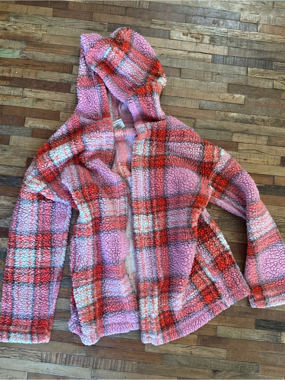 Fleece-like’Flannel Hooded Jacket - Pink & Orange Plaid